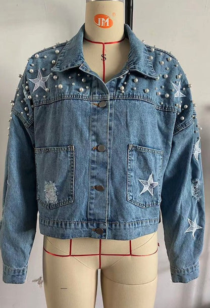 ✨ Starry Nights Pearl-Studded Denim Jacket ✨