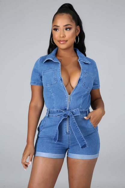 Denim V-Neck Zip Up Romper: Small - 2XL