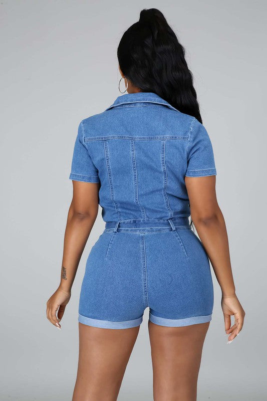 Denim V-Neck Zip Up Romper: Small - 2XL