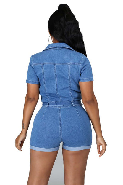 Denim V-Neck Zip Up Romper: Small - 2XL