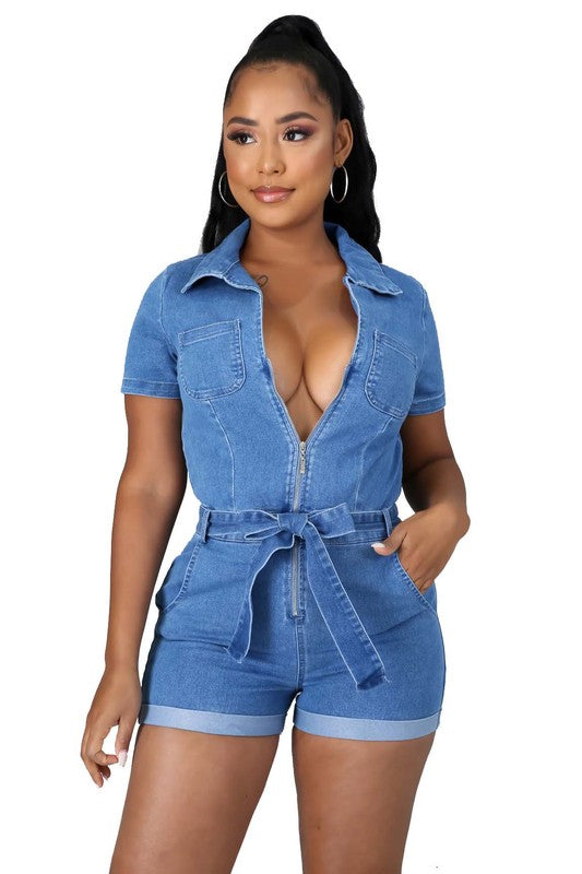 Denim V-Neck Zip Up Romper: Small - 2XL