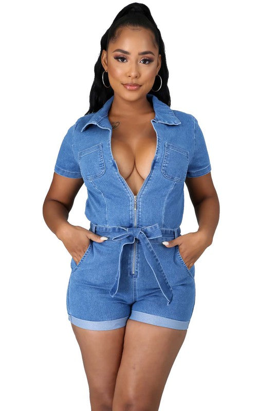 Denim V-Neck Zip Up Romper: Small - 2XL