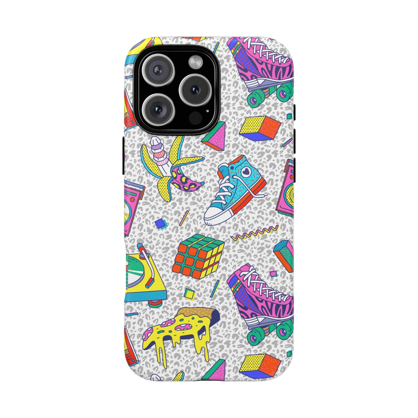 Retro 90s Pattern Phone Case — Roller Skates, Rubik Cube & Cassette Design