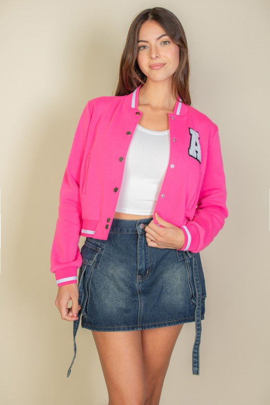 Letter Patched Crop Varsity Jacket