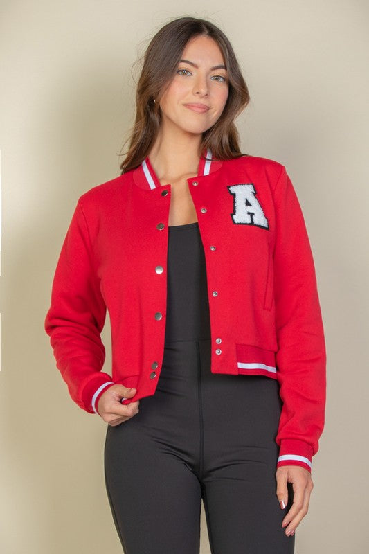 Letter Patched Crop Varsity Jacket