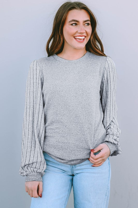 Contrast Ribbed Bishop Sleeve Top