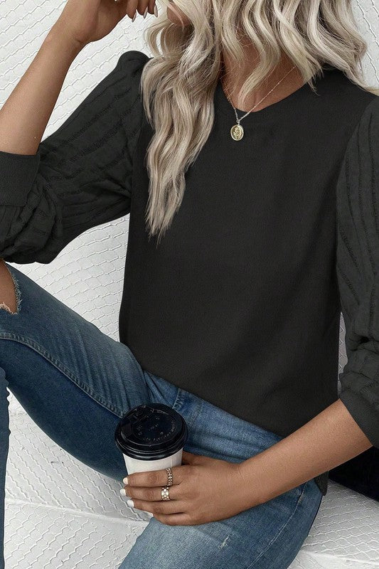 Contrast Ribbed Bishop Sleeve Top