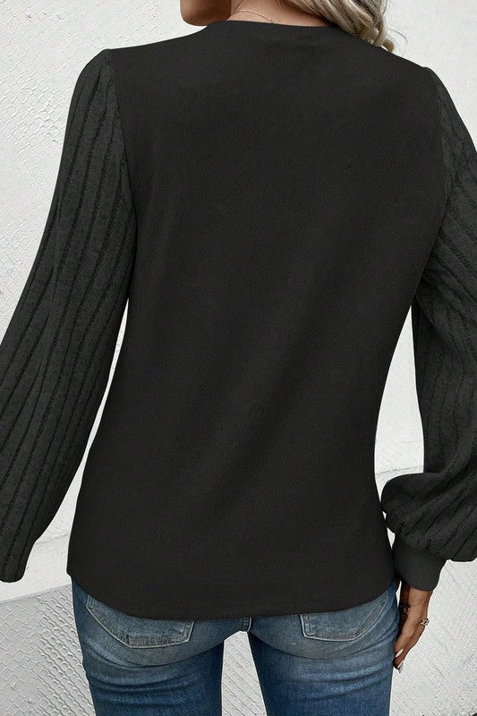 Contrast Ribbed Bishop Sleeve Top