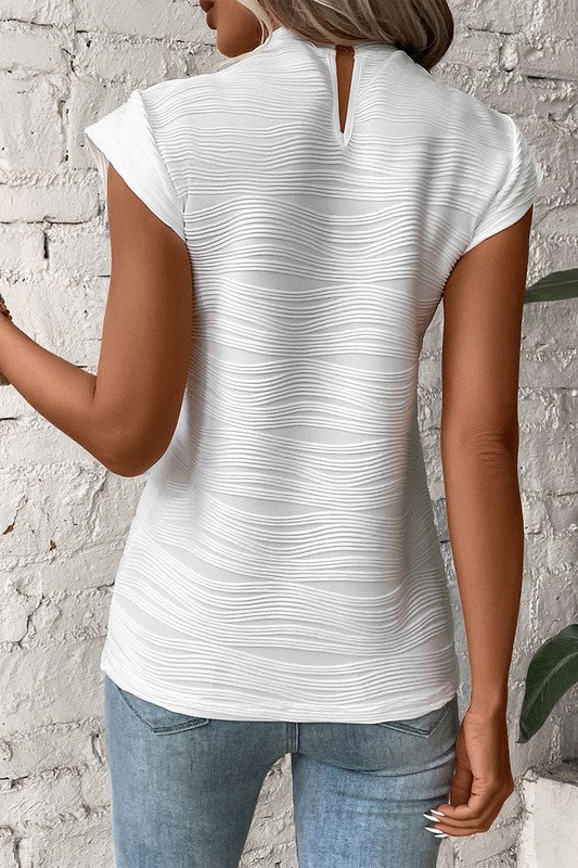 Wavy Textured Mock Neck Cap Sleeve Top