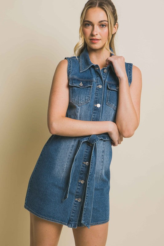 Denim Strapless Dress with Waist Tie by Love Tree