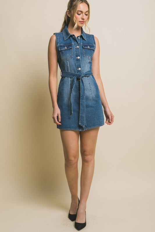 Denim Strapless Dress with Waist Tie by Love Tree