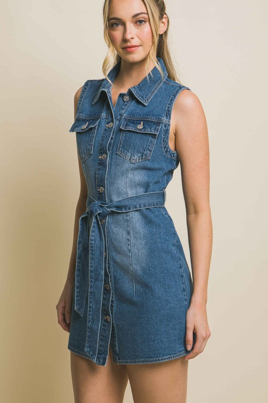 Denim Strapless Dress with Waist Tie by Love Tree