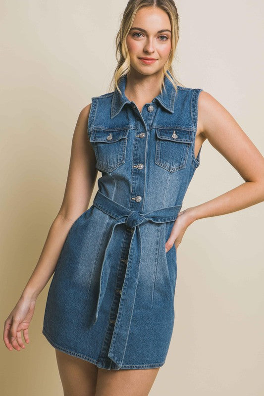 Denim Strapless Dress with Waist Tie by Love Tree