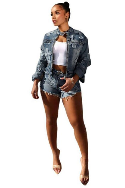 Don't Cross Me Denim Shorts & Jacket Set - Black/Gray