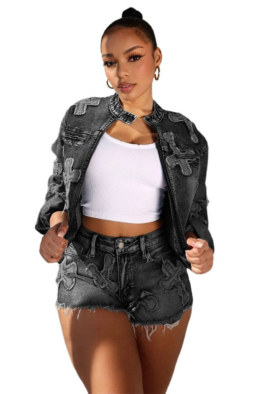 Don't Cross Me Denim Shorts & Jacket Set - Black/Gray