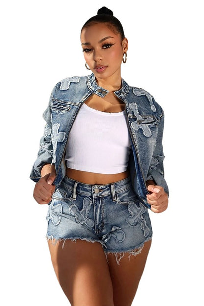 Don't Cross Me Denim Shorts & Jacket Set - Black/Gray