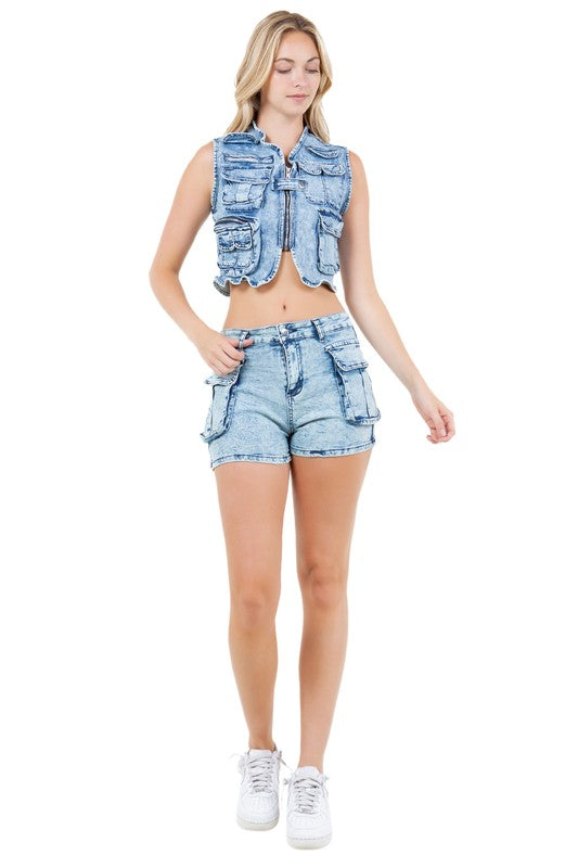 Trendy Denim Vest & Multi-Pocket Shorts Set (Sizes S-2XL)