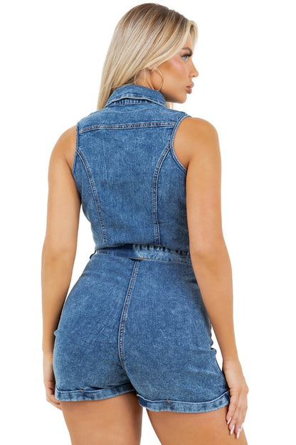 Chic Sleeveless Denim Romper with Belted Waist