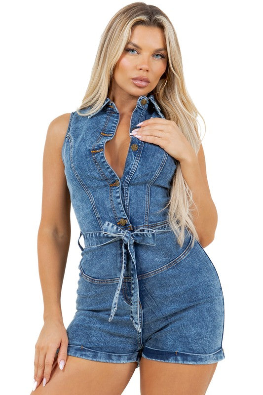 Chic Sleeveless Denim Romper with Belted Waist