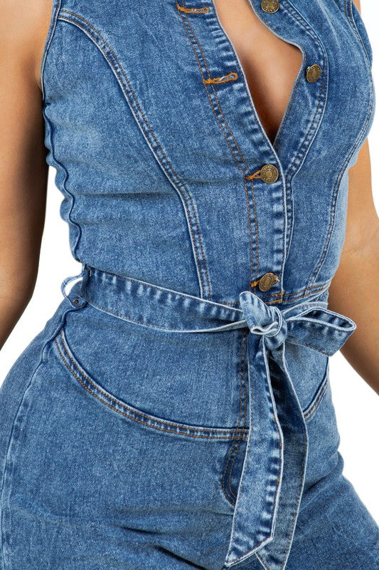 Chic Sleeveless Denim Romper with Belted Waist