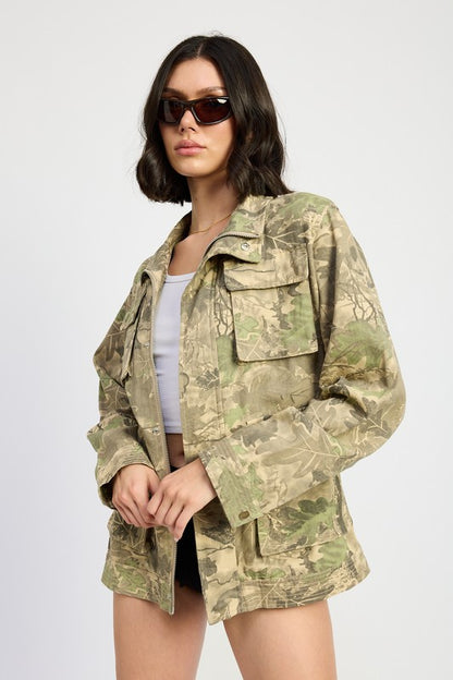 Vintage Camo Twill Utility Jacket with Flap Pockets