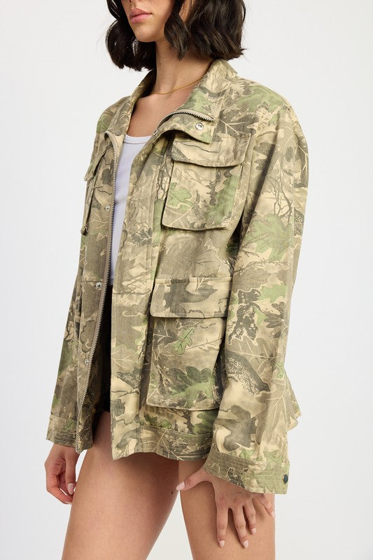 Vintage Camo Twill Utility Jacket with Flap Pockets