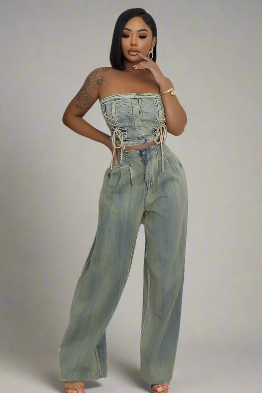 Women’s Denim Strapless Two-Piece Set with Wide-Leg Pants