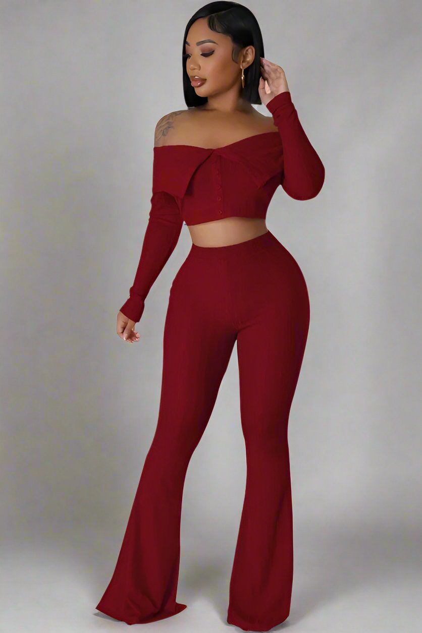 Elegant Burgundy Off-Shoulder Two-Piece Pant Set