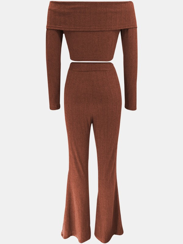 Elegant Burgundy Off-Shoulder Two-Piece Pant Set