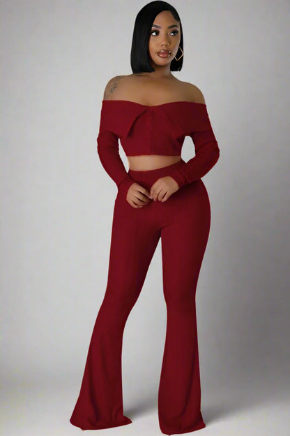 Elegant Burgundy Off-Shoulder Two-Piece Pant Set