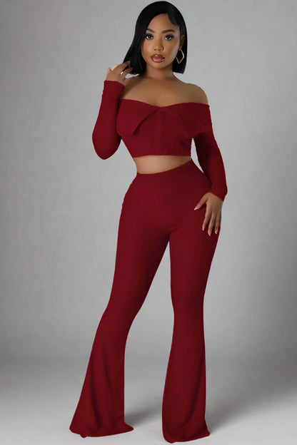 Elegant Burgundy Off-Shoulder Two-Piece Pant Set