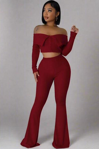 Elegant Burgundy Off-Shoulder Two-Piece Pant Set