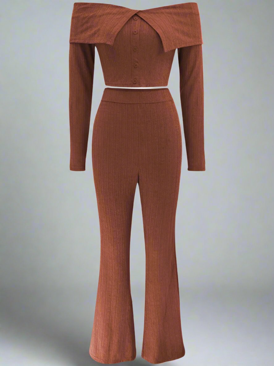 Elegant Brown Off-Shoulder Two-Piece Pant Set