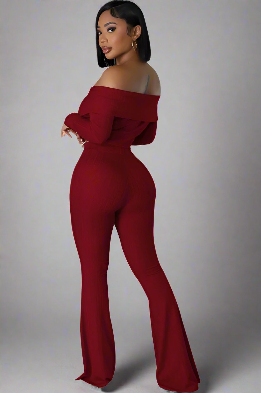 Elegant Burgundy Off-Shoulder Two-Piece Pant Set