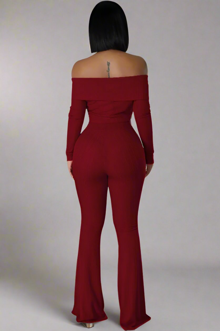 Elegant Burgundy Off-Shoulder Two-Piece Pant Set