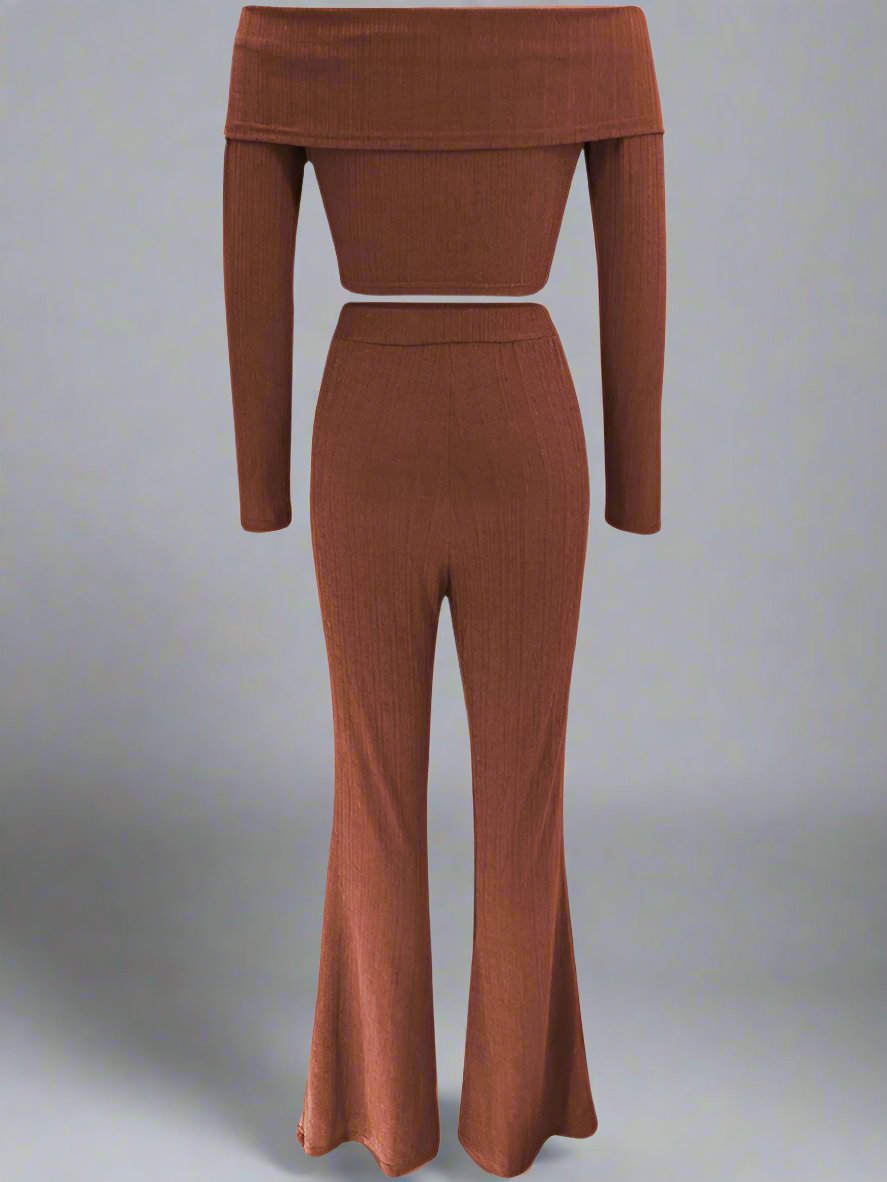 Elegant Brown Off-Shoulder Two-Piece Pant Set