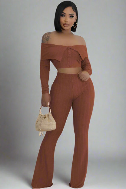 Elegant Brown Off-Shoulder Two-Piece Pant Set