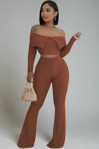 Elegant Brown Off-Shoulder Two-Piece Pant Set