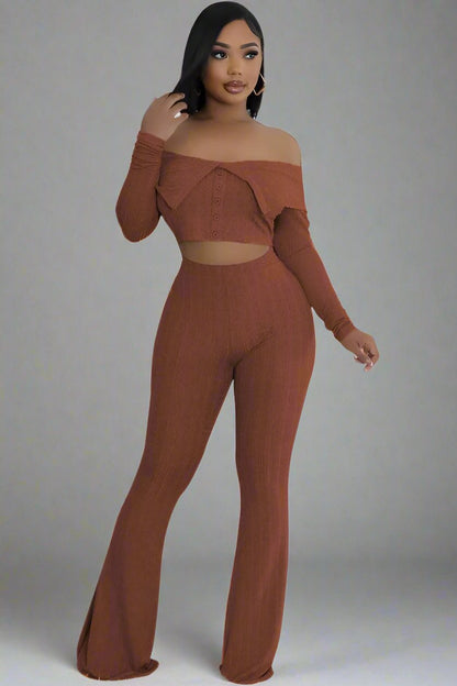 Elegant Brown Off-Shoulder Two-Piece Pant Set