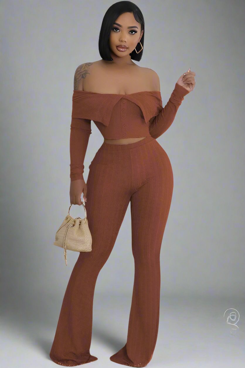 Elegant Brown Off-Shoulder Two-Piece Pant Set