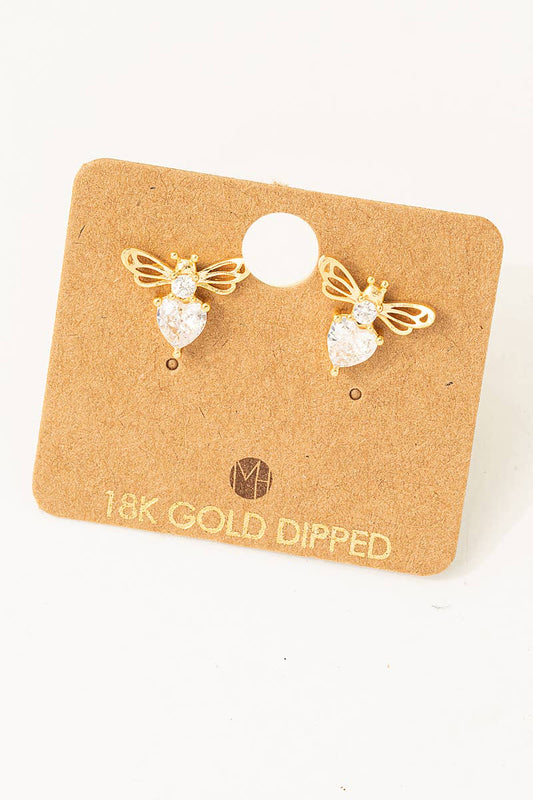Gold Dipped Cz Bee Stud Earrings