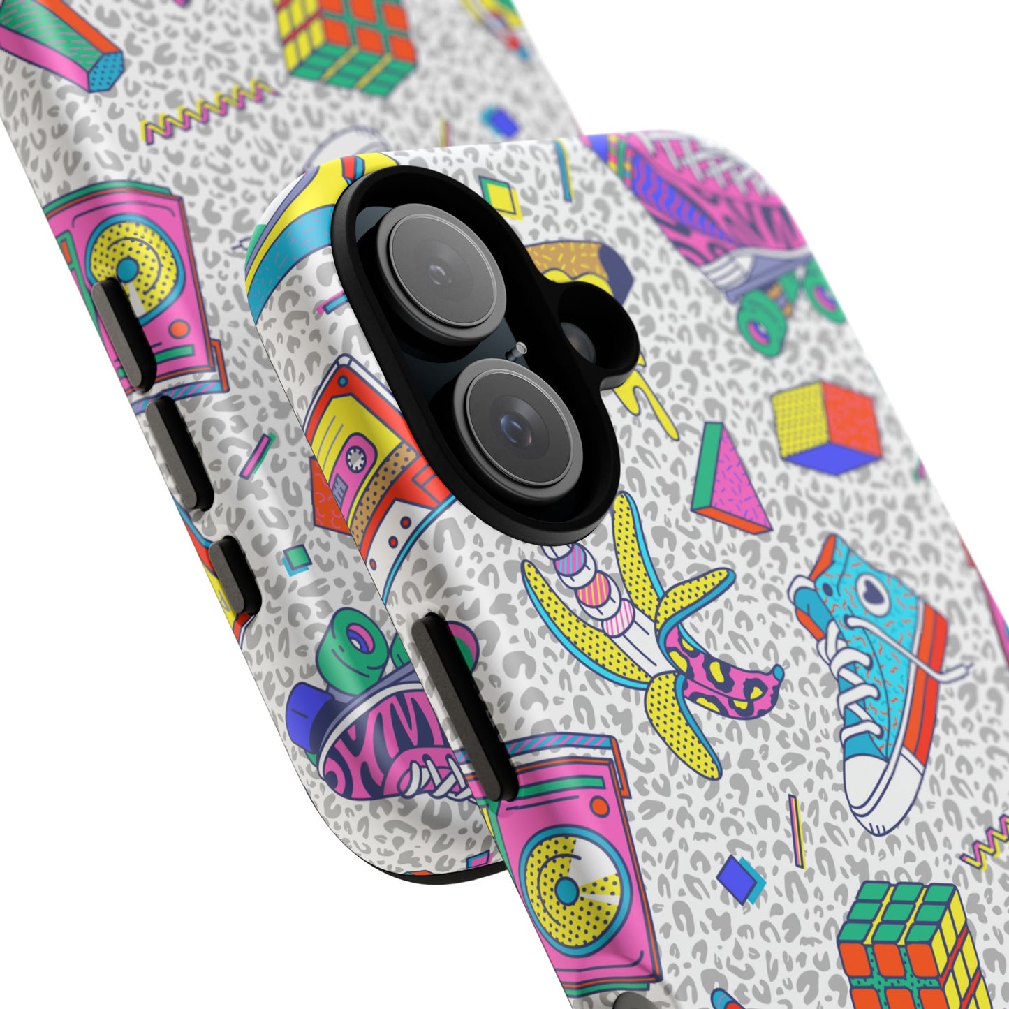 Retro 90s Pattern Phone Case — Roller Skates, Rubik Cube & Cassette Design