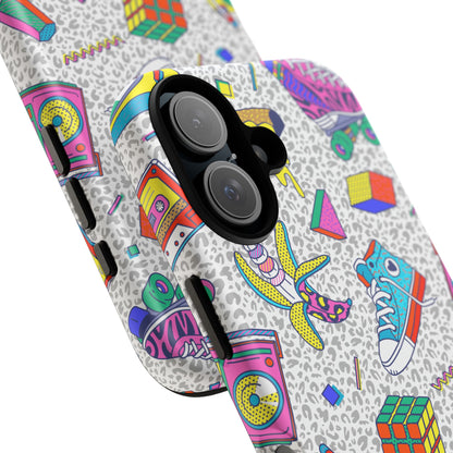 Retro 90s Pattern Phone Case — Roller Skates, Rubik Cube & Cassette Design