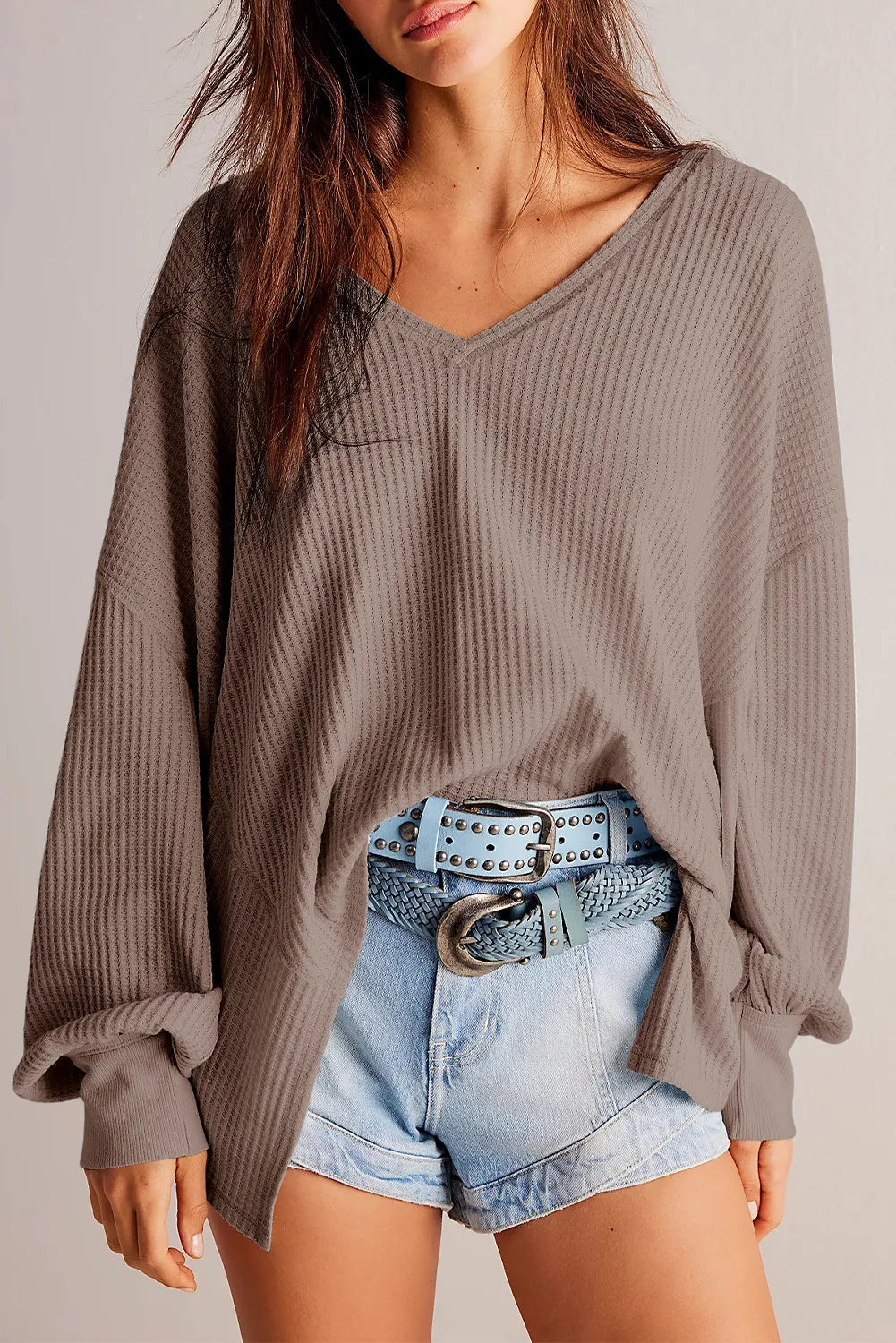 Cozy & Chic Waffle-Knit V-Neck Long Sleeve Top