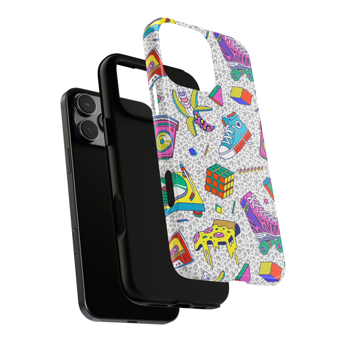 Retro 90s Pattern Phone Case — Roller Skates, Rubik Cube & Cassette Design