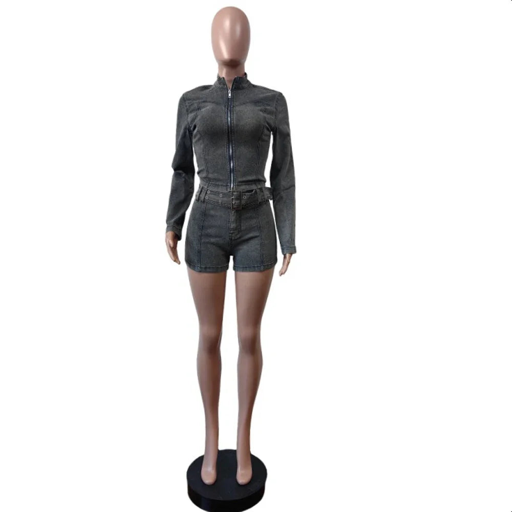 Denim Womens 2 Two Piece Set Stretchy Long Sleeve Zip Up Slim Jackets and Shorts Suits Y2k Streetwear Belt Jean Outfit Sets