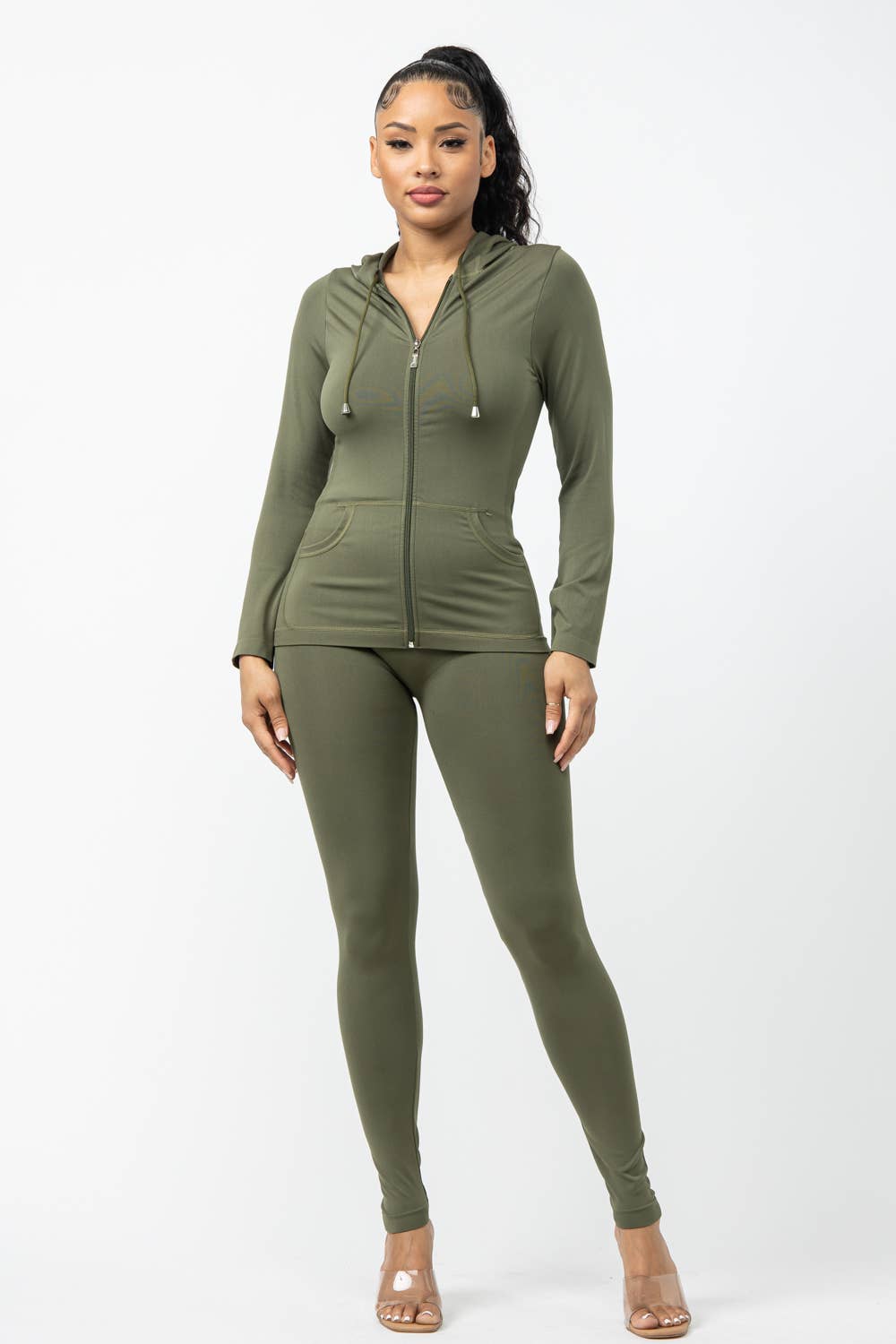 Seamless Zip Up Hoodie Drawstring Jacket With Side Pockets And Leggings Set