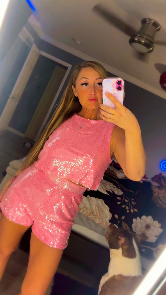 Pretty in Pink Allover Sequin Crop Top and Shorts Set for Night Out Partygoers Dazzling Shine