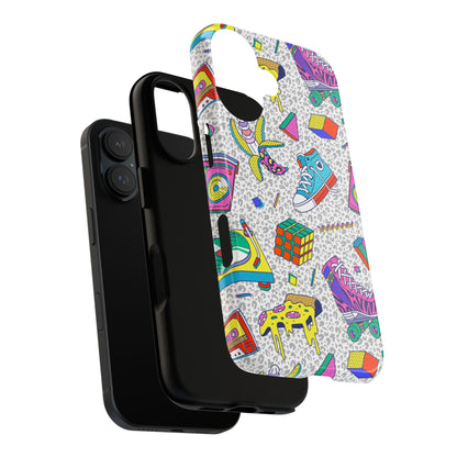 Retro 90s Pattern Phone Case — Roller Skates, Rubik Cube & Cassette Design