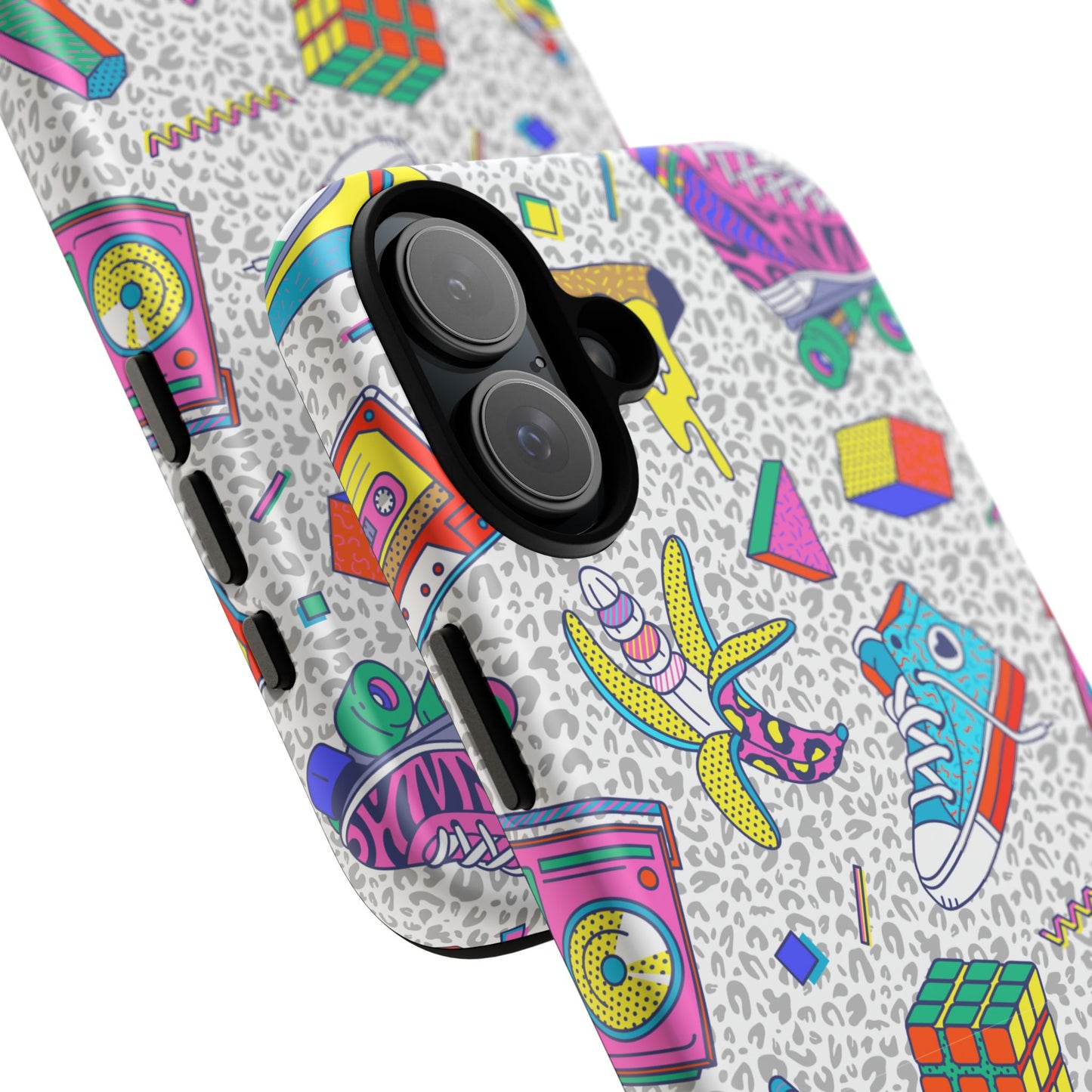 Retro 90s Pattern Phone Case — Roller Skates, Rubik Cube & Cassette Design